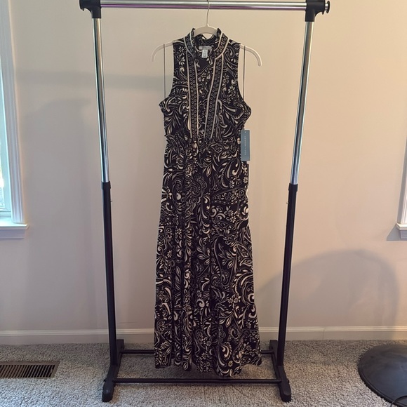 NWT Dress HAWAIIAN PAISLEY Crepe Split Ruffle Neck Maxi Dress Black Sleeveless - Picture 8 of 15